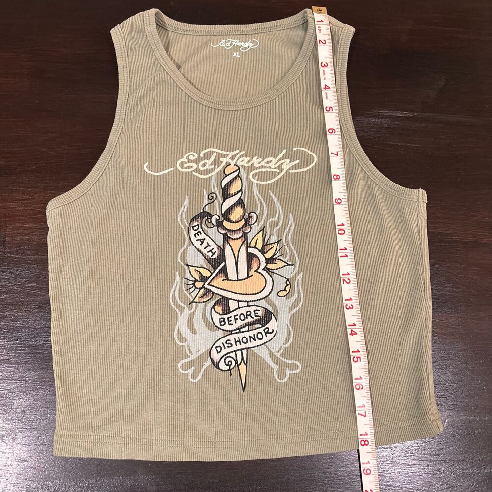 Y2K Ed Hardy Ribbed Cropped Tiny Tank Top – Olive Green Dagger Tattoo Graphic XL - Picture 5 of 6